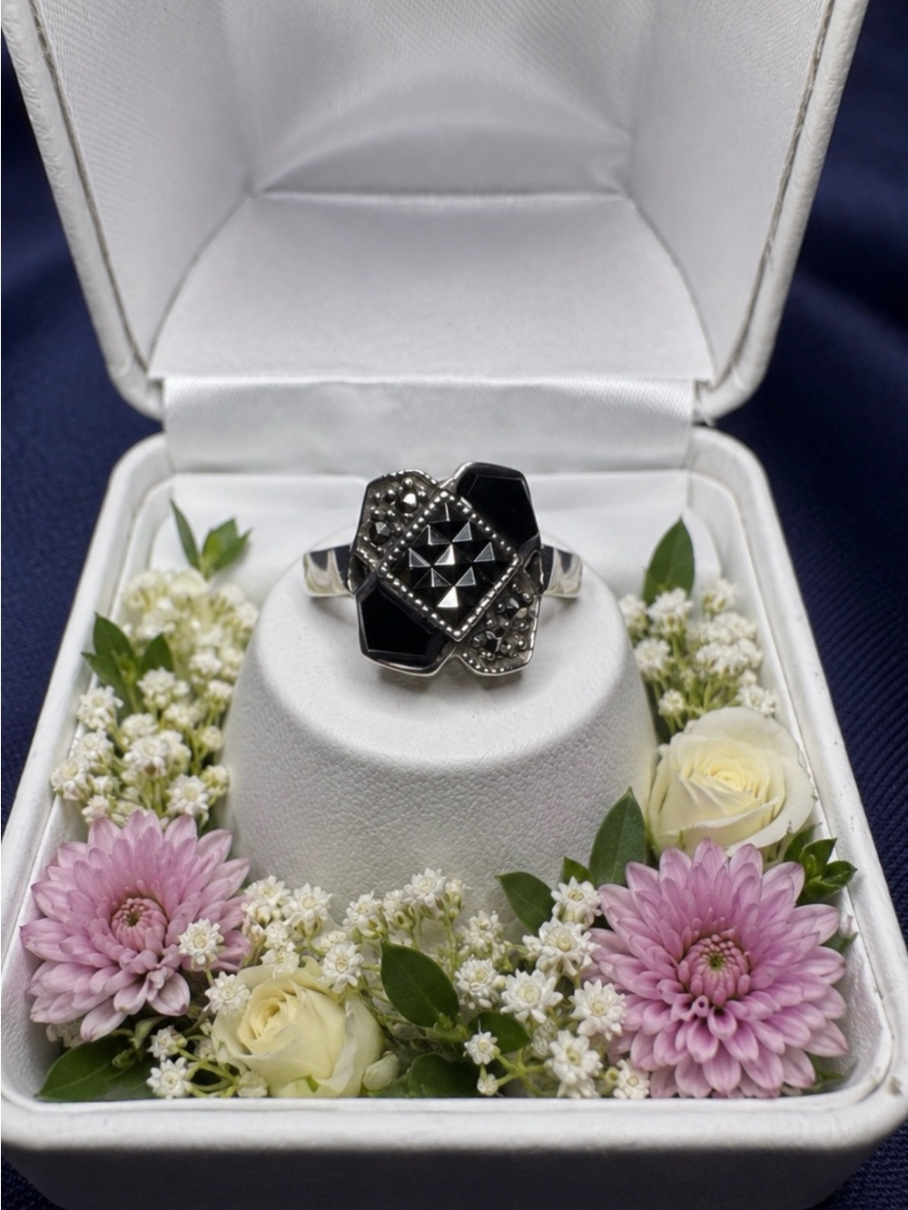 Ring Sterling Silver Black Onyx & Marcasite Geometric Cocktail